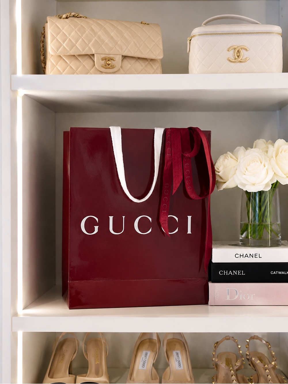 GUCCI Garnet Red Glossy Luxury Gift Bag & Grosgrain Ribbon (Set), Rosso Ancora